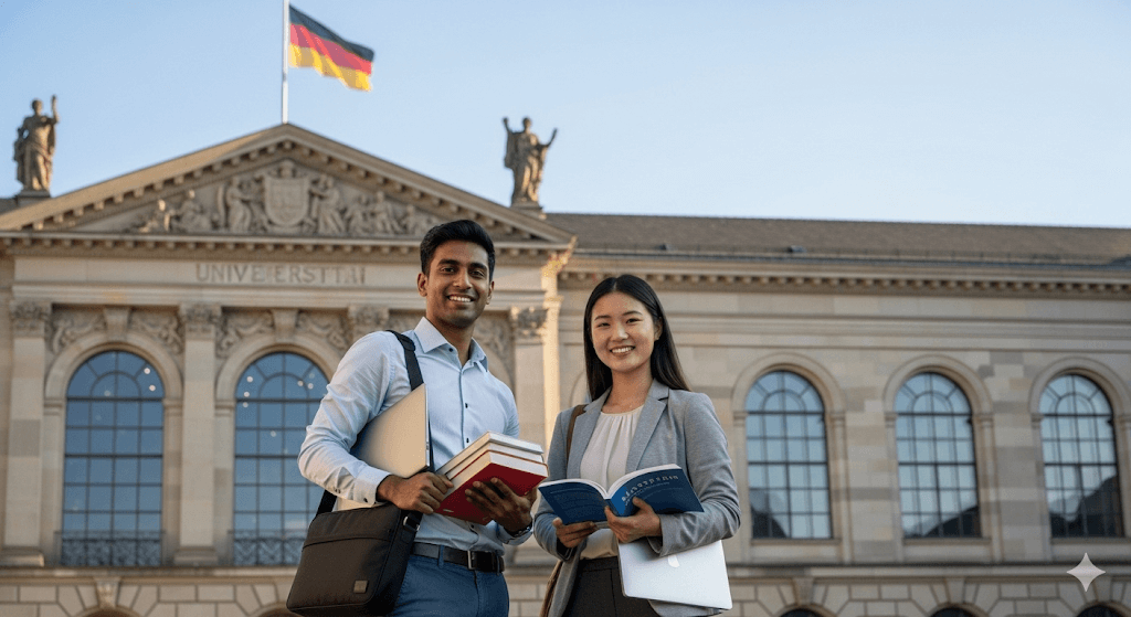 DAAD Germany STEM Scholarships 2026 – International students at a German university with German flag in background