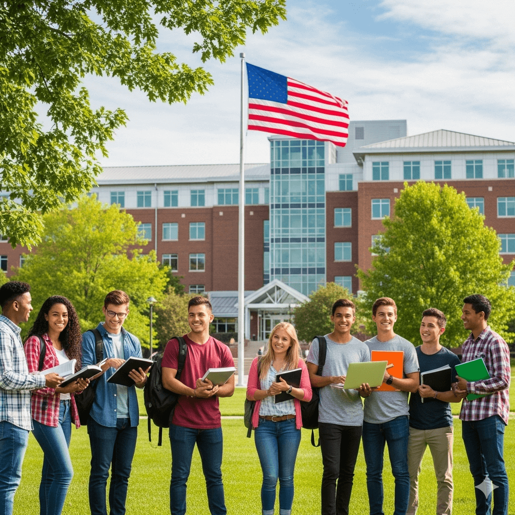Tarleton State University Scholarships 2026 – Diverse students standing in front of a USA university campus holding books with the American flag in the background.