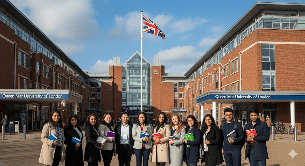 Students at Queen Mary University of London campus with books celebrating academic achievement, representing Studienstiftung Scholarship 2026