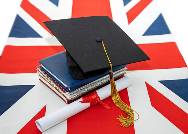 Gates Cambridge Scholarship for International Postgraduates – books and graduation cap on UK flag representing fully funded UK scholarship