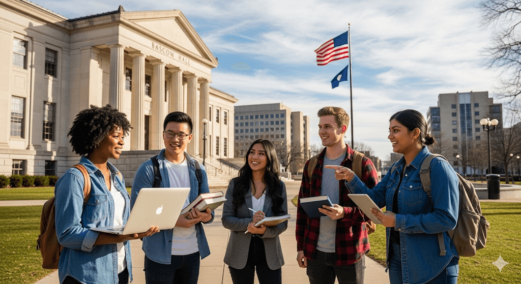 University of Wisconsin–Madison King Morgridge Scholarship 2026: Diverse students at UW–Madison campus holding books with USA flag in the background, representing the scholarship.