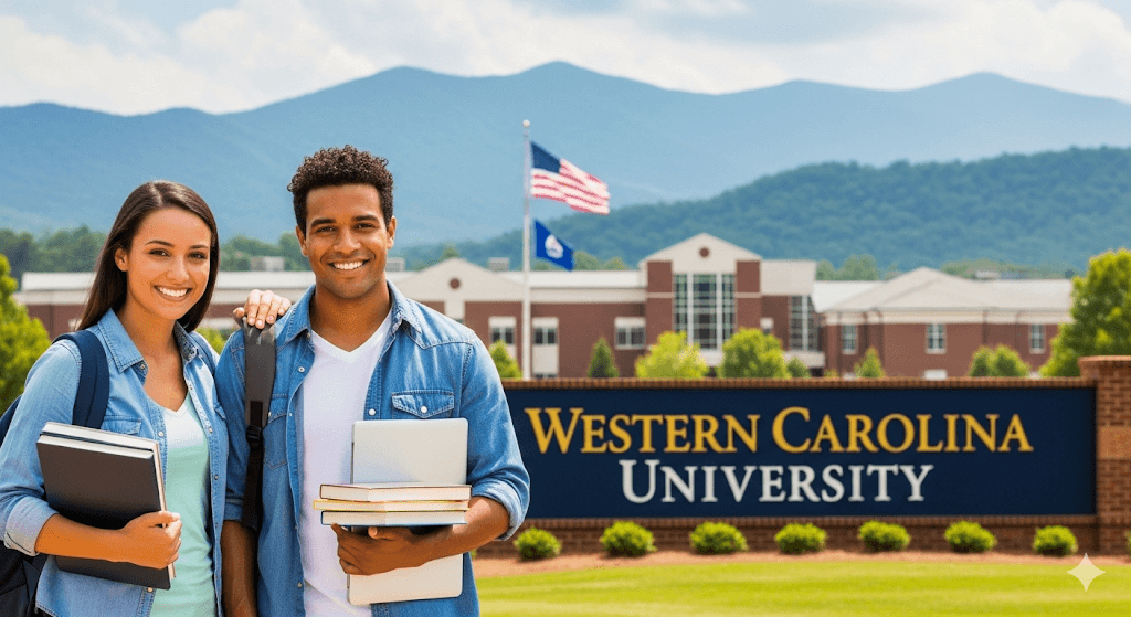 USA Western Carolina University Scholarships 2026 – International and domestic students at WCU campus holding books and a laptop