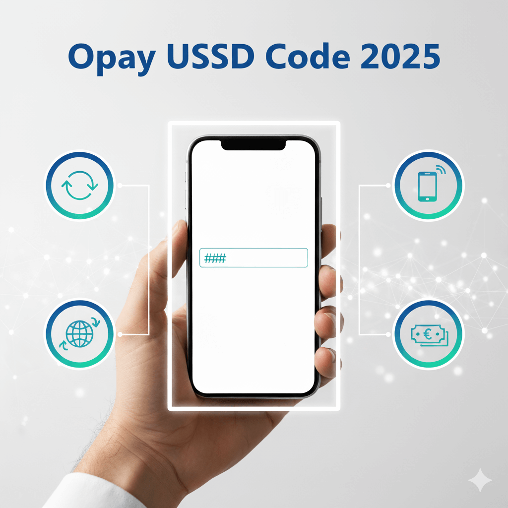 Opay USSD Code 2025 showing smartphone with icons for money transfer, airtime, data, and bill payments