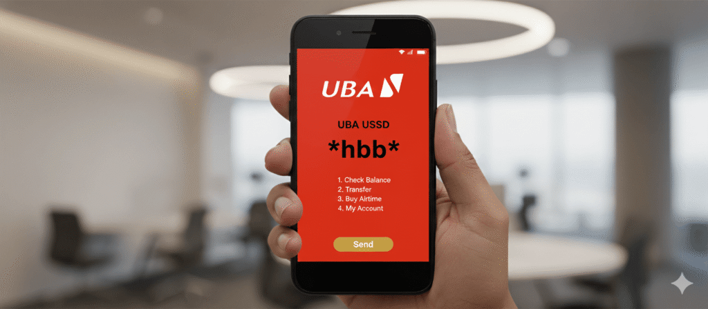 UBA USSD Code overlay on phone with UBA logo background