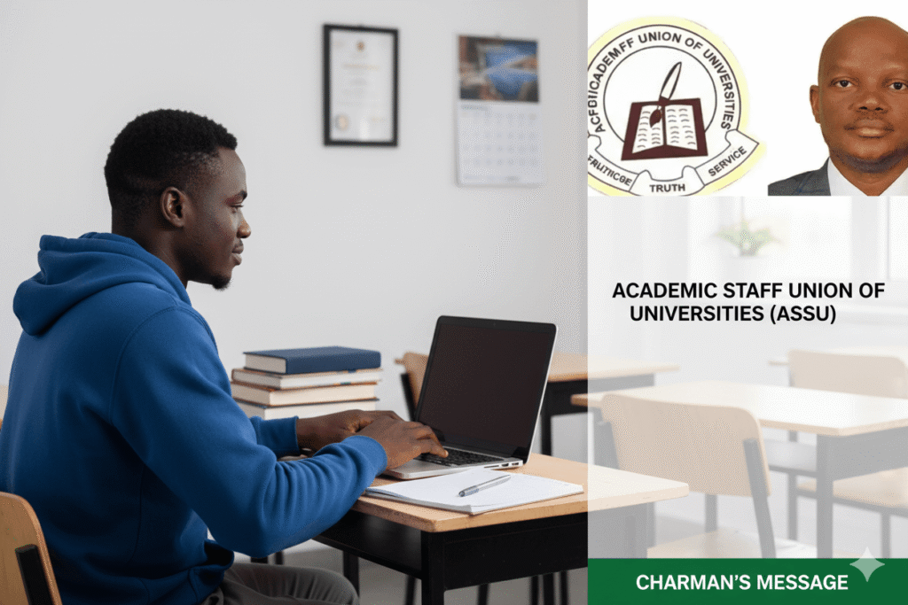 ASUU Strike Update: Nigerian student studying online while ASUU chairman banner is displayed prominently on the right