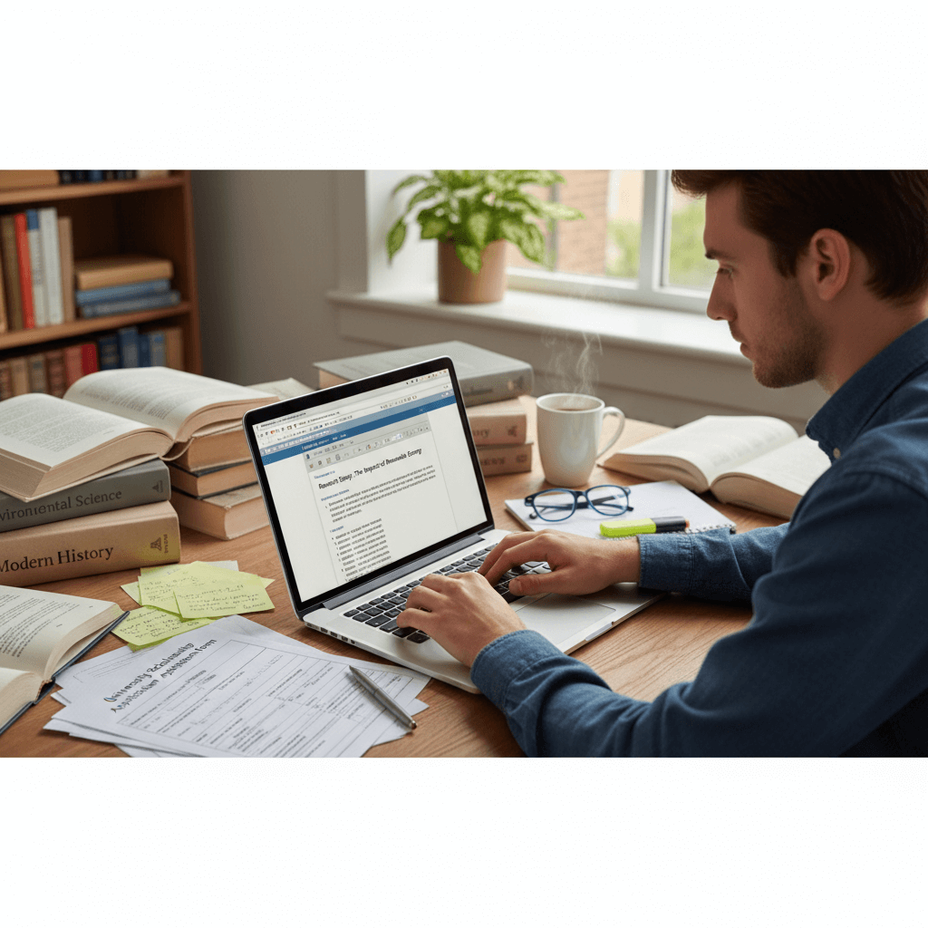 How to write a scholarship essay – student writing application essay at study desk with laptop and books